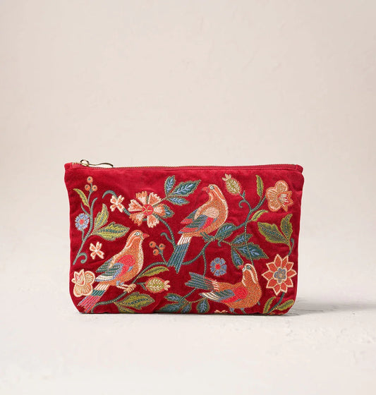 Elizabeth Scarlett Everyday Pouch Botanical Birds Velvet Rouge