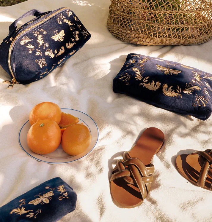 Elizabeth Scarlett Open Flat Makeup Bag Provencal Bee Velvet Navy