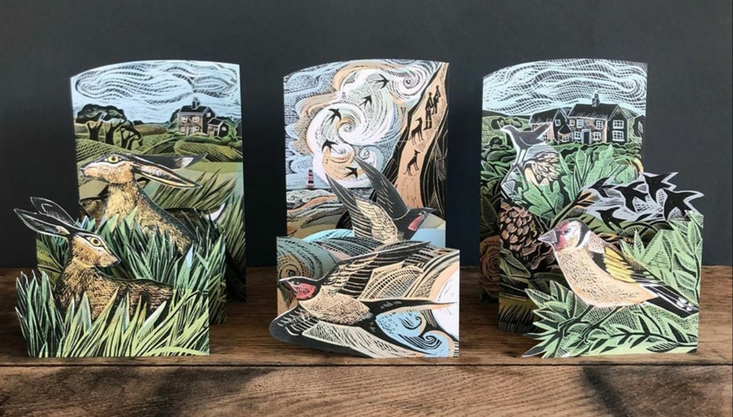 Card - Hares and open field - die-cut 3D by Angela Harding
