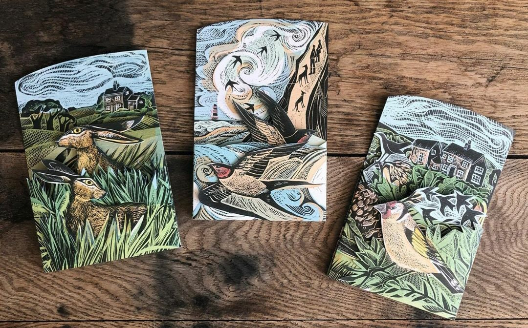 Card - Hares and open field - die-cut 3D by Angela Harding
